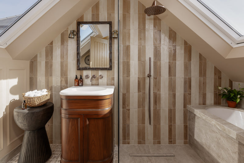 Striped zellige tile bathroom with roof window and freestanding vanity