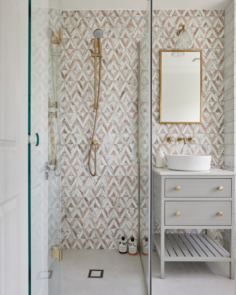 East Java Flamingo Marble Temple Mosaic||Bathroom design and installation by Simply Bathrooms (Surrey) Ltd. Photography by Chris Snook.|