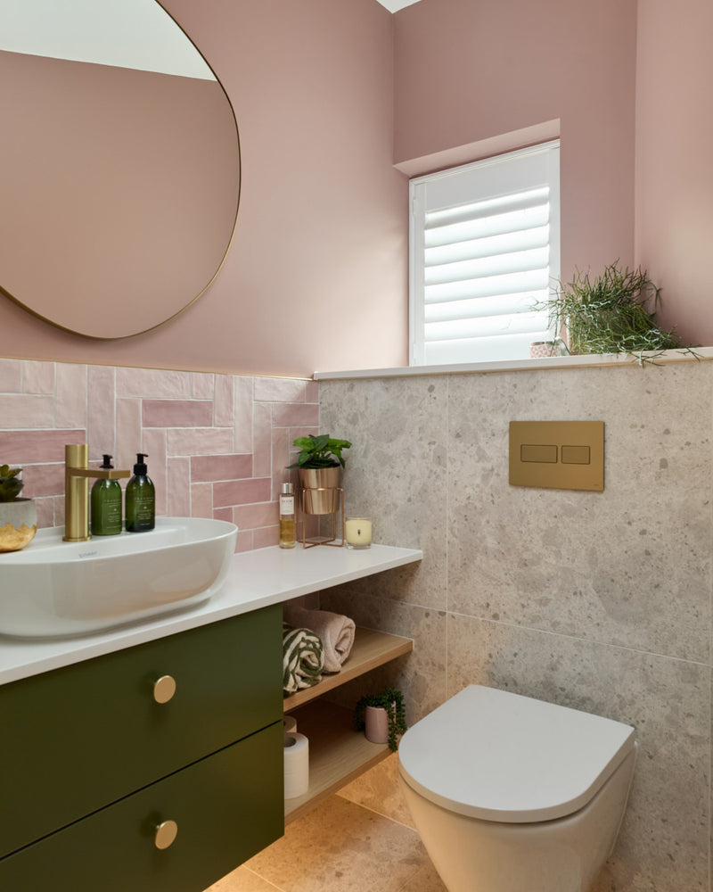 Oasis Ceramic Pink Gloss|Credit: Bathroom & Kitchen Eleven, Paired with Pumice Off White|pumice-porcelain-off-white