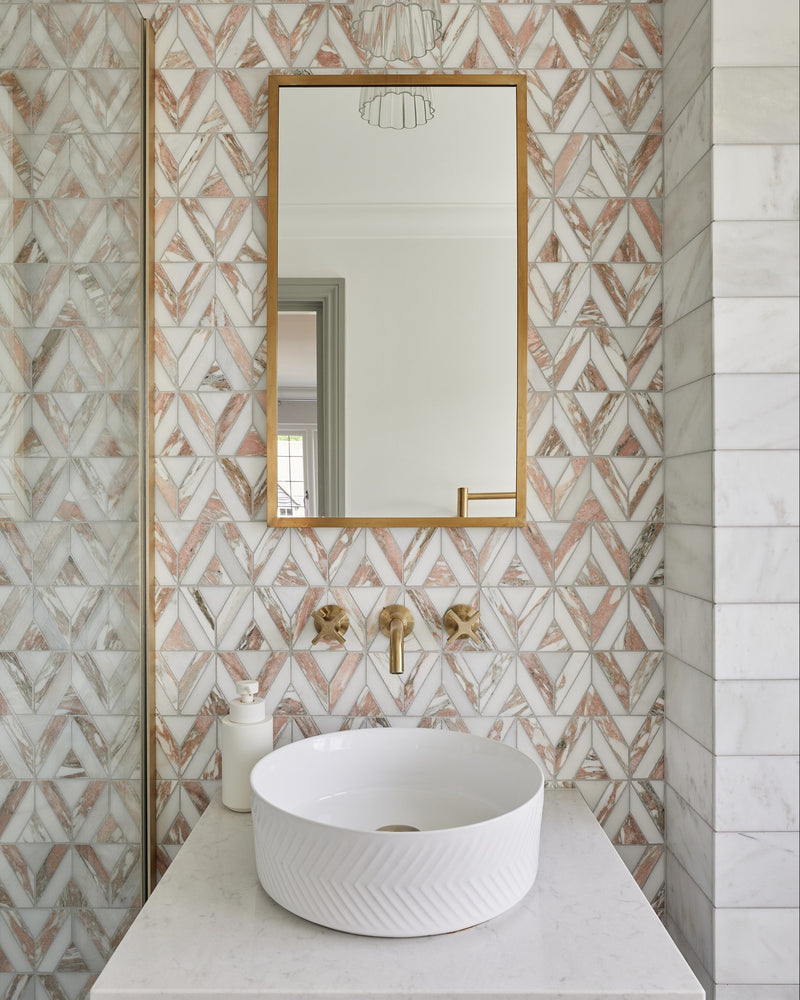East Java Flamingo Marble Temple Mosaic|Bathroom design and installation by Simply Bathrooms (Surrey) Ltd. Photography by Chris Snook.|long-island-marble-honed-finish-brick