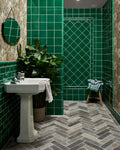 Victorian Style™ Wall Ceramic Emerald Green Square Crackle Glaze|Shown with Victorian Style Emerald Green Dado, Skirting, Metro, Beading and Kimmeridge Tumbled & Etched Parquet|victorian-style-wall-ceramic-emerald-green-dado, victorian-style-wall-ceramic-emerald-green-simple-beading, victorian-style-wall-ceramic-emerald-green-metro, victorian-style-wall-ceramic-emerald-green-skirting, kimmeridge-limestone-parquet-tumbled-and-etched
