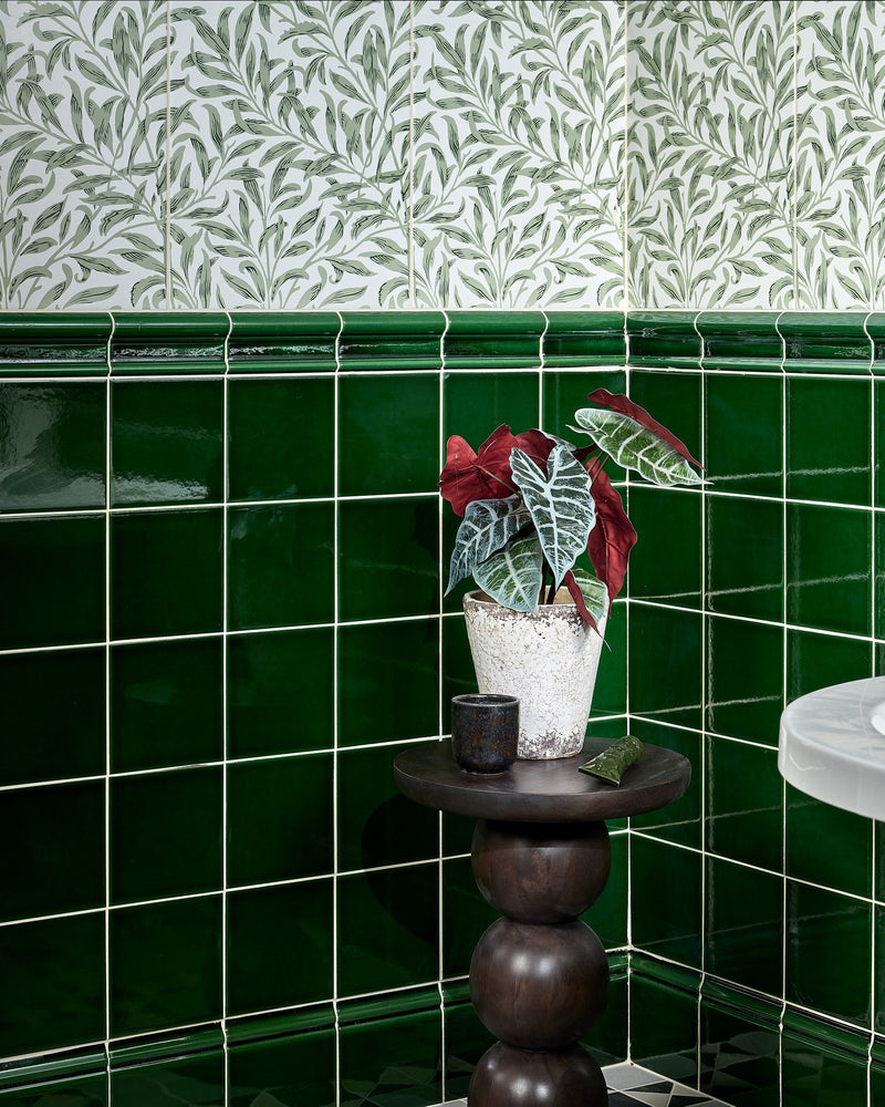 Victorian Style™ Wall Ceramic Olive Green Skirting Crackle Glaze|Shown with Victorian Style Olive Green Dado & Square, and Silk Screen Willow Cottage Spring Leaf|victorian-style-wall-ceramic-olive-green-dado, victorian-style-wall-ceramic-olive-green-square, silk-screen-ceramic-willow-cottage-spring-leaf