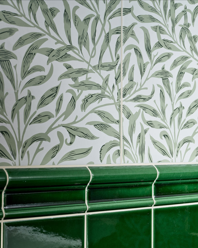 Victorian Style™ Wall Ceramic Olive Green Square Crackle Glaze|Shown with Silk Screen Willow Cottage Spring Leaf|silk-screen-ceramic-willow-cottage-spring-leaf