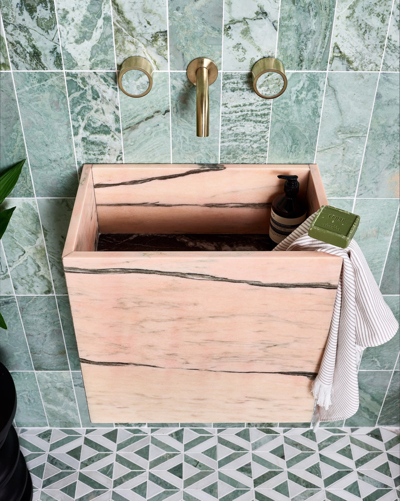 East Java Hummingbird Marble Honed Brick|Credit: ABI Interiors Taps|east-java-hummingbird-marble-temple-mosaic