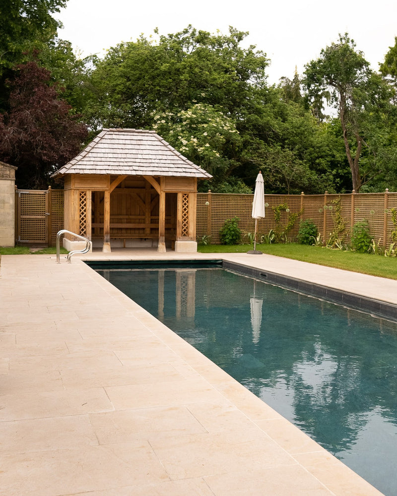 Buscot Limestone Etched Bullnose Coping|Credit: Viridis Landscapes and Clear Water Revival Pools|buscot-limestone-paving-tumbled-and-etched-finish