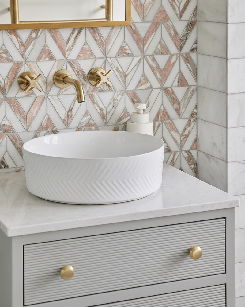 East Java Flamingo Marble Temple Mosaic|Bathroom design and installation by Simply Bathrooms (Surrey) Ltd. Photography by Chris Snook.|long-island-marble-honed-finish-brick