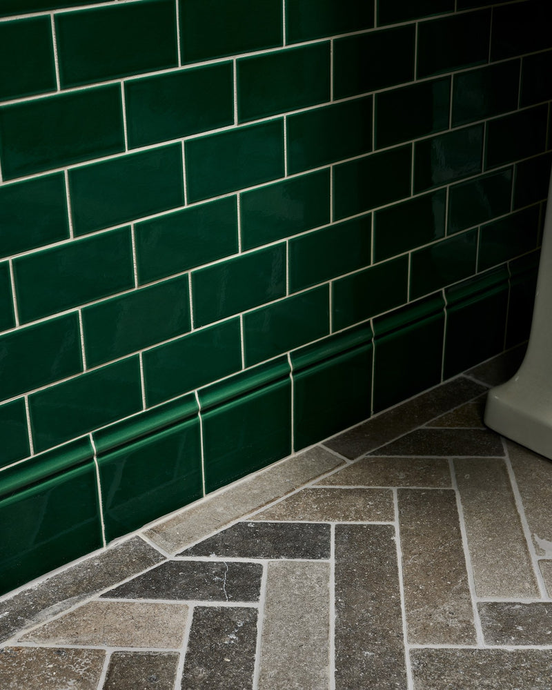 Victorian Style™ Wall Ceramic Emerald Green Skirting|Shown with Kimmeridge Tumbled & Etched Parquet and Victorian Style Emerald Green Metro|kimmeridge-limestone-parquet-tumbled-and-etched, victorian-style-wall-ceramic-emerald-green-metro