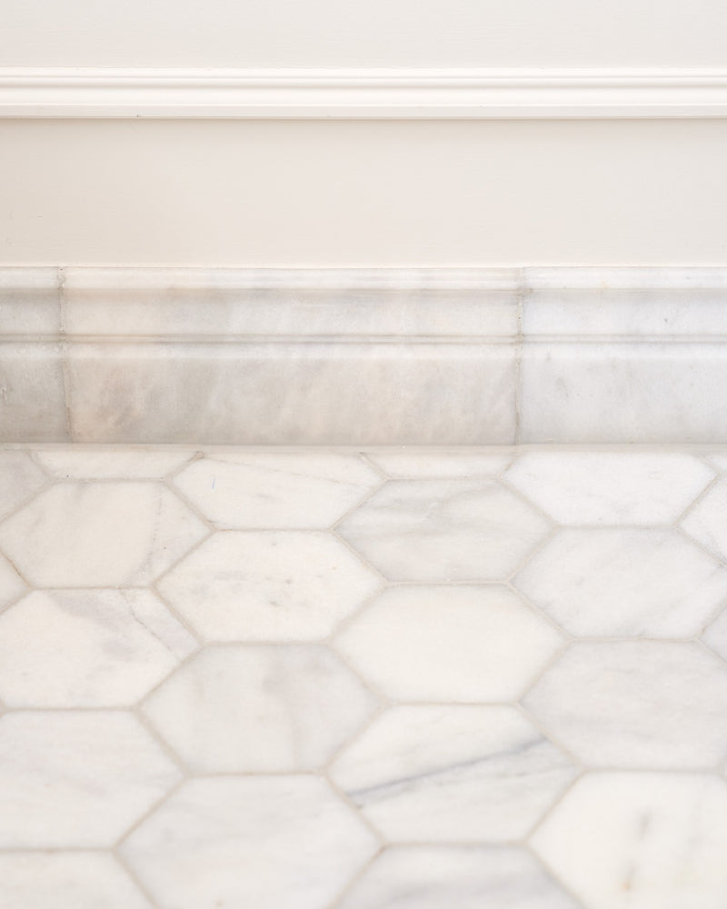 Long Island Marble Honed Finish Large Hexagon||Credit : Philippa Bloom, Designed by : Ripples Bathrooms|long-island-marble-honed-finish-skirting