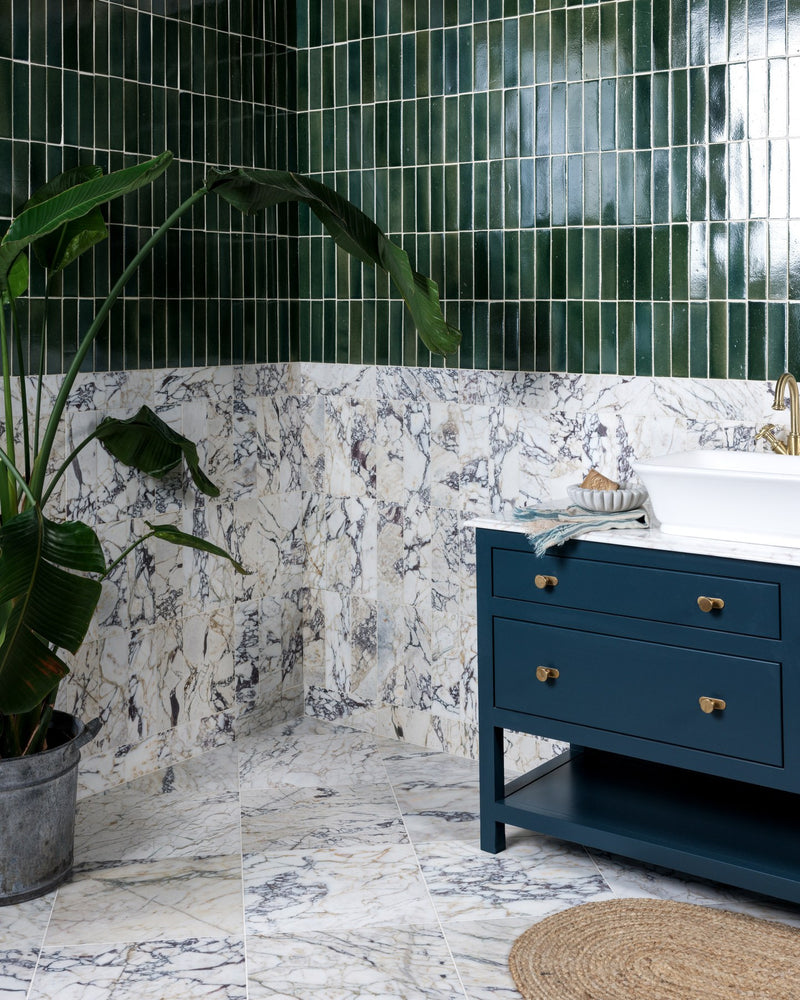 Stone Glaze Ceramic Petrol Green Gloss Brick||Shown with Medici Viola Marble|medici-viola-marble-honed, medici-viola-marble-honed-brick