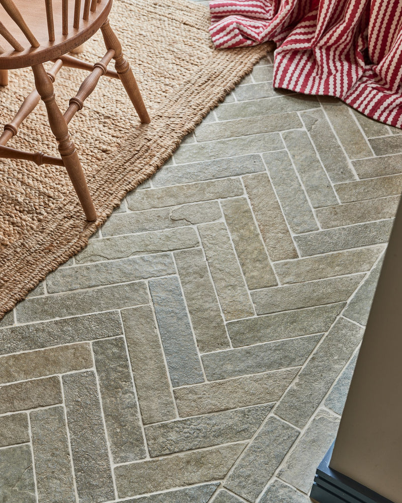 Trusloe Limestone Seasoned Finish Parquet|Credit: @kitandco_