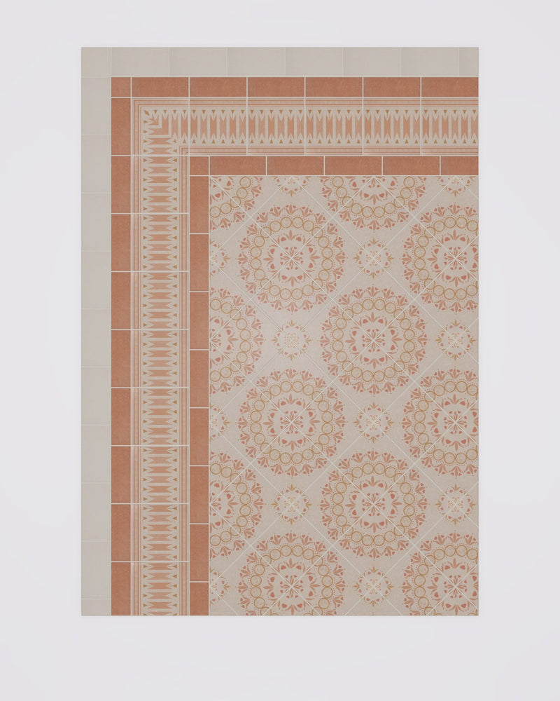 Aventuras Palma Terracotta Porcelain|||aventuras-ecru-field-porcelain, aventuras-terracotta-field-porcelain, aventuras-ziggy-border-terracotta-porcelain, aventuras-ziggy-corner-terracotta-porcelain