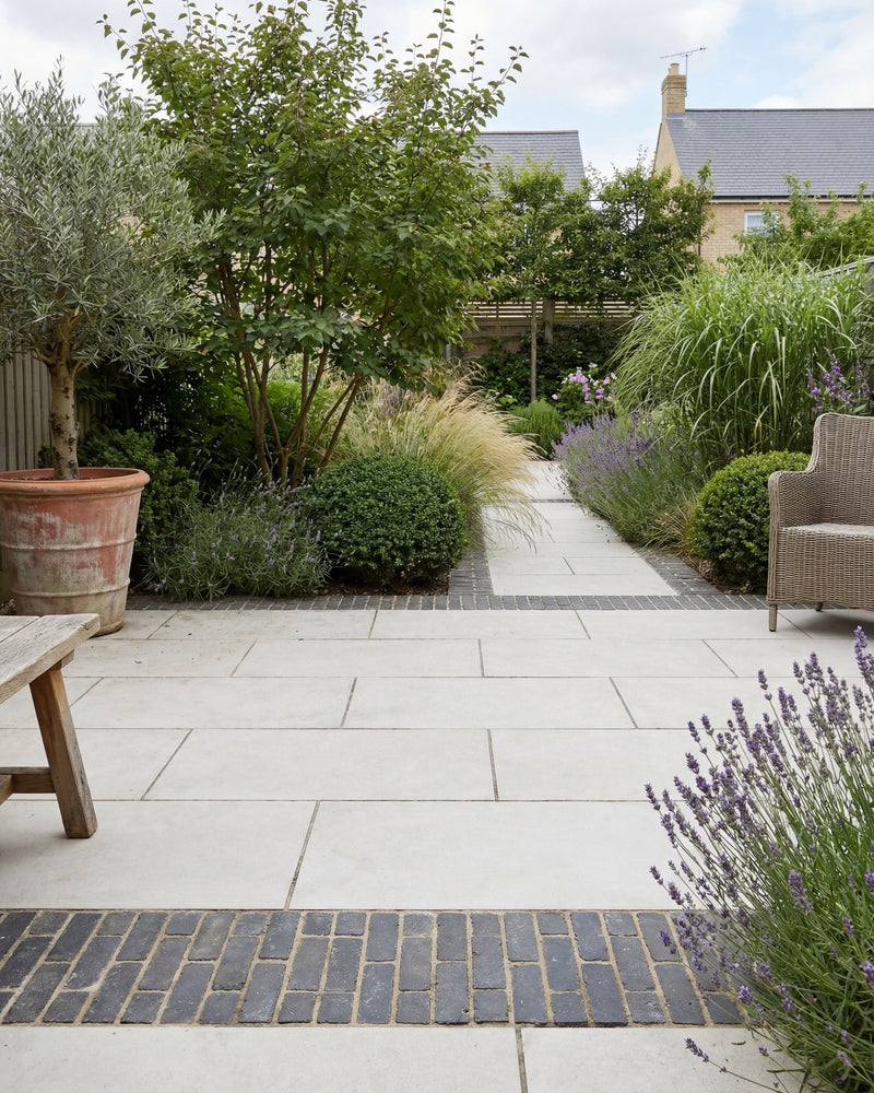 Southdown Porcelain Paving Textured|Shown with Flanders Charcoal|flanders-charcoal-tumbled-clay-pavers