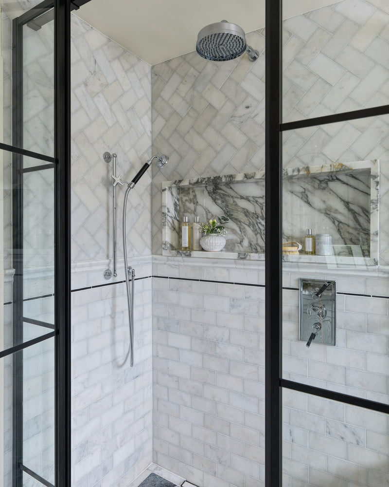 Long Island Marble Honed Finish Dado||Bathroom design, installation and photography by Simply Bathrooms & Interiors|long-island-marble-honed-finish-brick