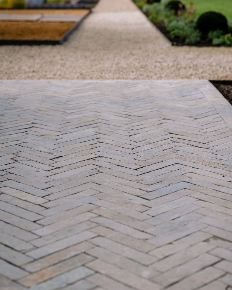 Trusloe Limestone Seasoned Finish Parquet|Credit: Vanessa Morgan Garden Design