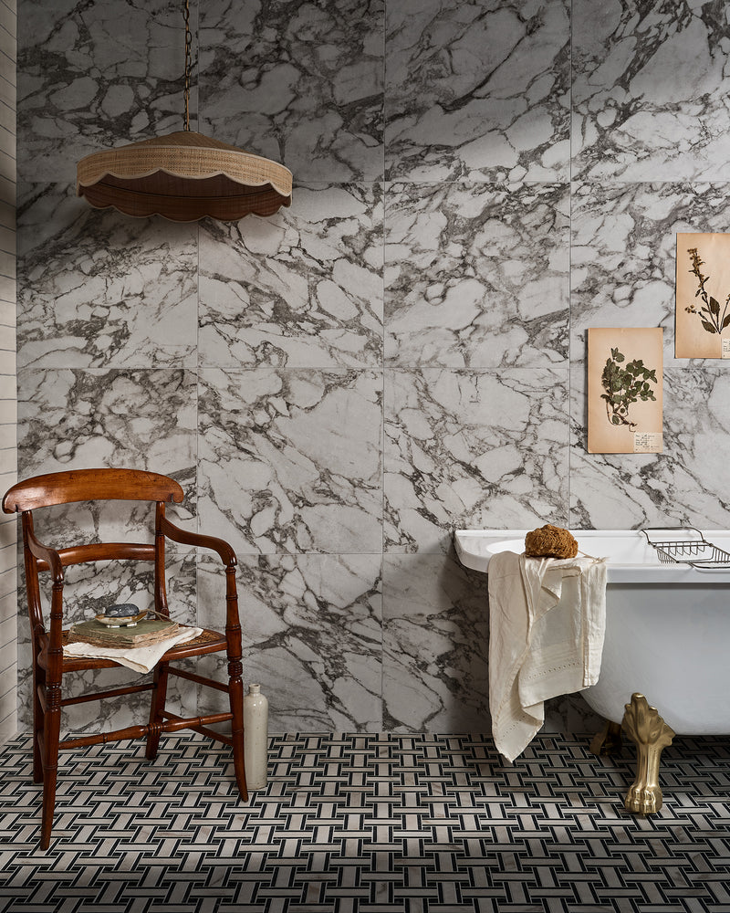 East Village Porcelain Grigio||east-village-porcelain-basketweave-mosaic-bianco