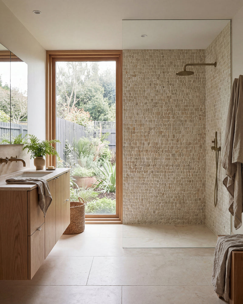 Enso Cobble Mosaic Strip Sand||Romaine-Limestone-Velvet-Finish