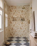 Sanderson - Pillemont Toile Ochre Mural Porcelain||Long-Island-Marble-Tumbled-Finish, Kendal-Marble-Tumbled-Finish