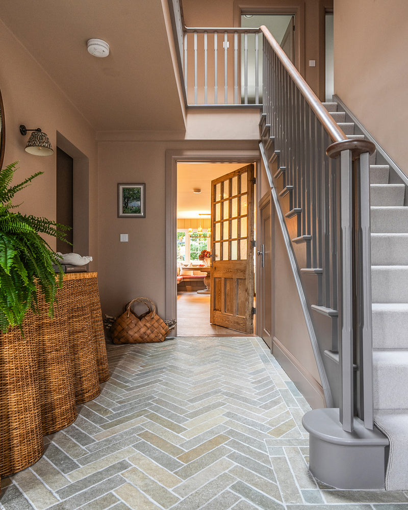 Trusloe Limestone Seasoned Parquet|Credit: Fiona Doswell Interiors|