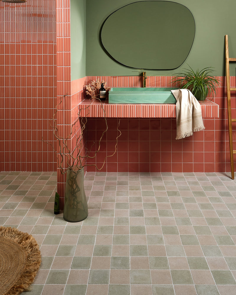 Tunstall Ceramic Square Coral||tunstall-ceramic-fluted-brick-coral, reform-composite-stone-tumbled-mint, reform-composite-stone-tumbled-bianco