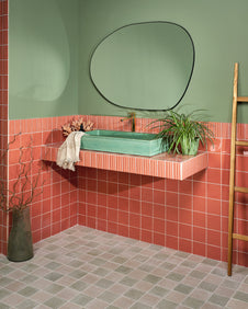 Tunstall Ceramic Square Coral||tunstall-ceramic-fluted-brick-coral, reform-composite-stone-tumbled-mint, reform-composite-stone-tumbled-bianco