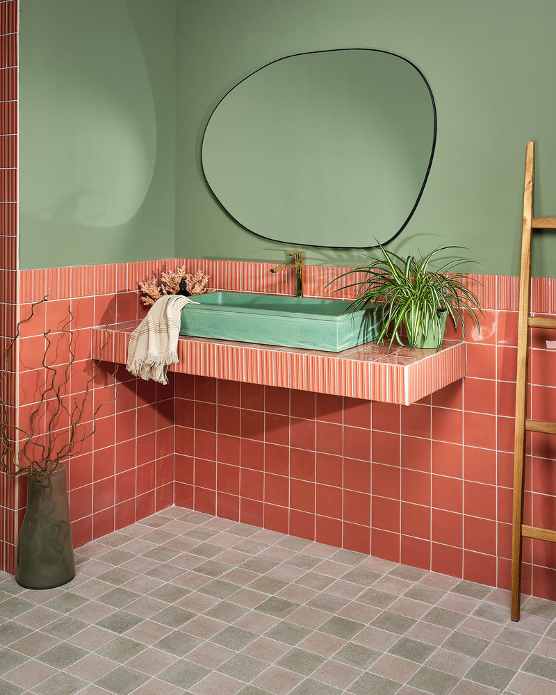 Tunstall Ceramic Square Coral||tunstall-ceramic-fluted-brick-coral, reform-composite-stone-tumbled-mint, reform-composite-stone-tumbled-bianco
