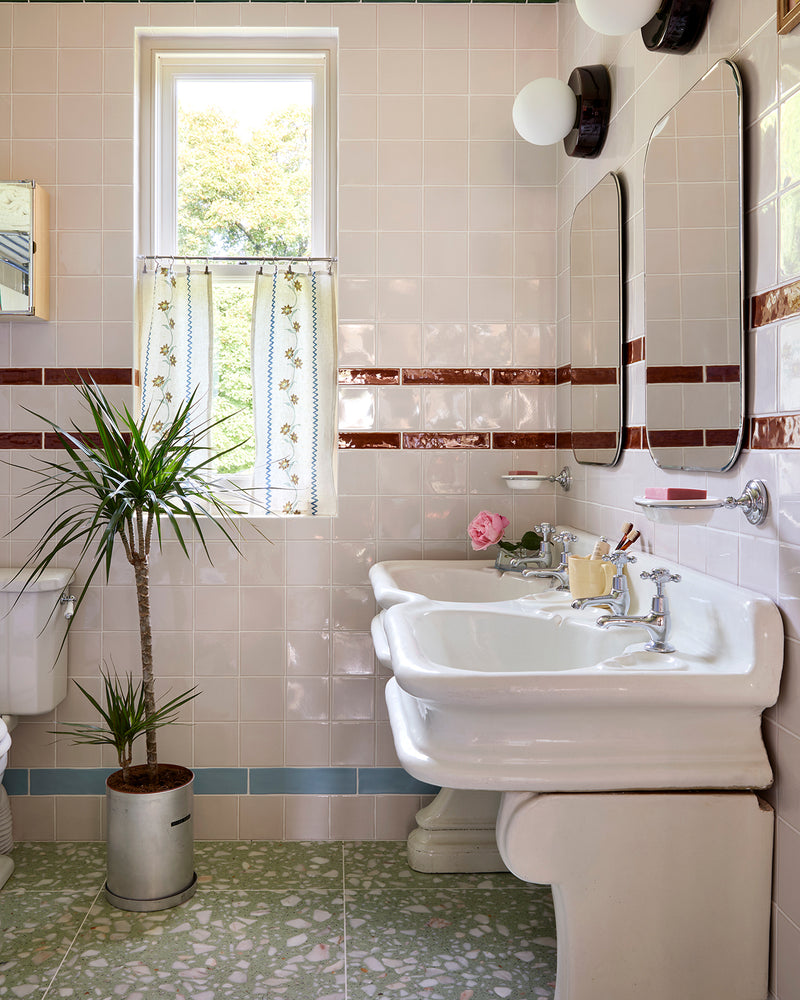 Tunstall Ceramic Square Deep White|@overdale_house|rialto-real-terrazzo-laguna-honed, avebury-ceramic-burnt-caramel-crackle-glaze, victorian-style-wall-ceramic-olive-green-dado