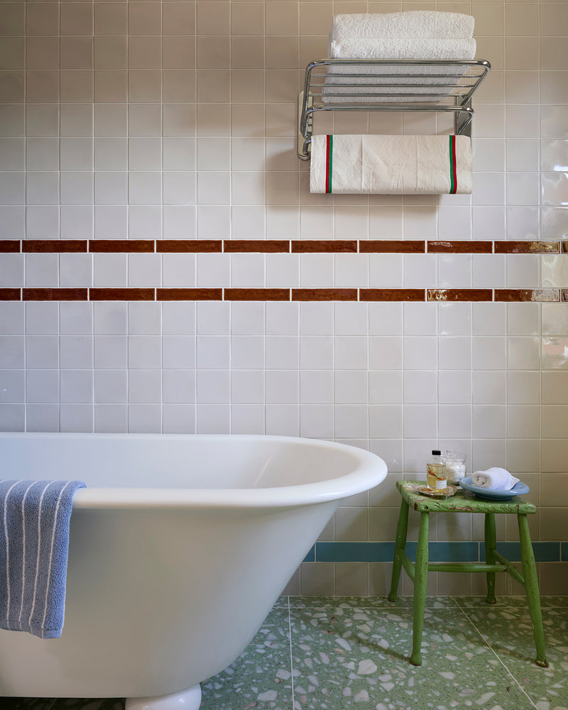 Tunstall Ceramic Square Deep White|@overdale_house|rialto-real-terrazzo-laguna-honed, avebury-ceramic-burnt-caramel-crackle-glaze, victorian-style-wall-ceramic-olive-green-dado