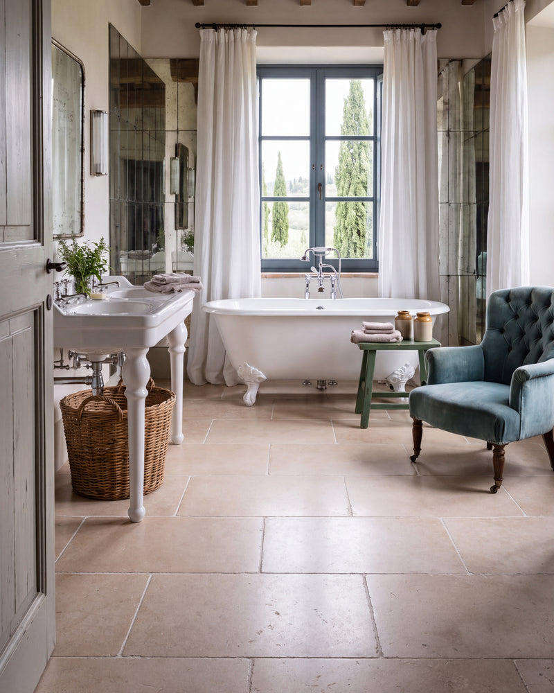 Bergamo Limestone Lightly Seasoned Finish 40 x 60cm flagstones in a beamed farmhouse bathroom with a roll-top bath, twin basins and a cypress view