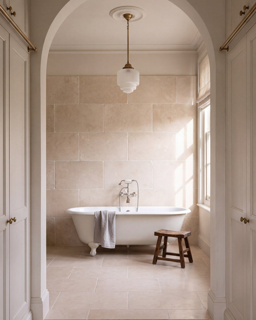 Bergamo Limestone Lightly Seasoned Finish 40 x 60cm used on both the floor and the full-height wall of an arched en suite with a roll-top bath and a brass pendant