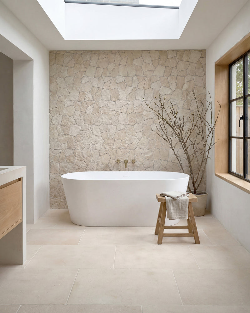 Bergamo Limestone Lightly Seasoned Finish 60 x Random flagstones on a bathroom floor with a freestanding bath and a stone feature wall