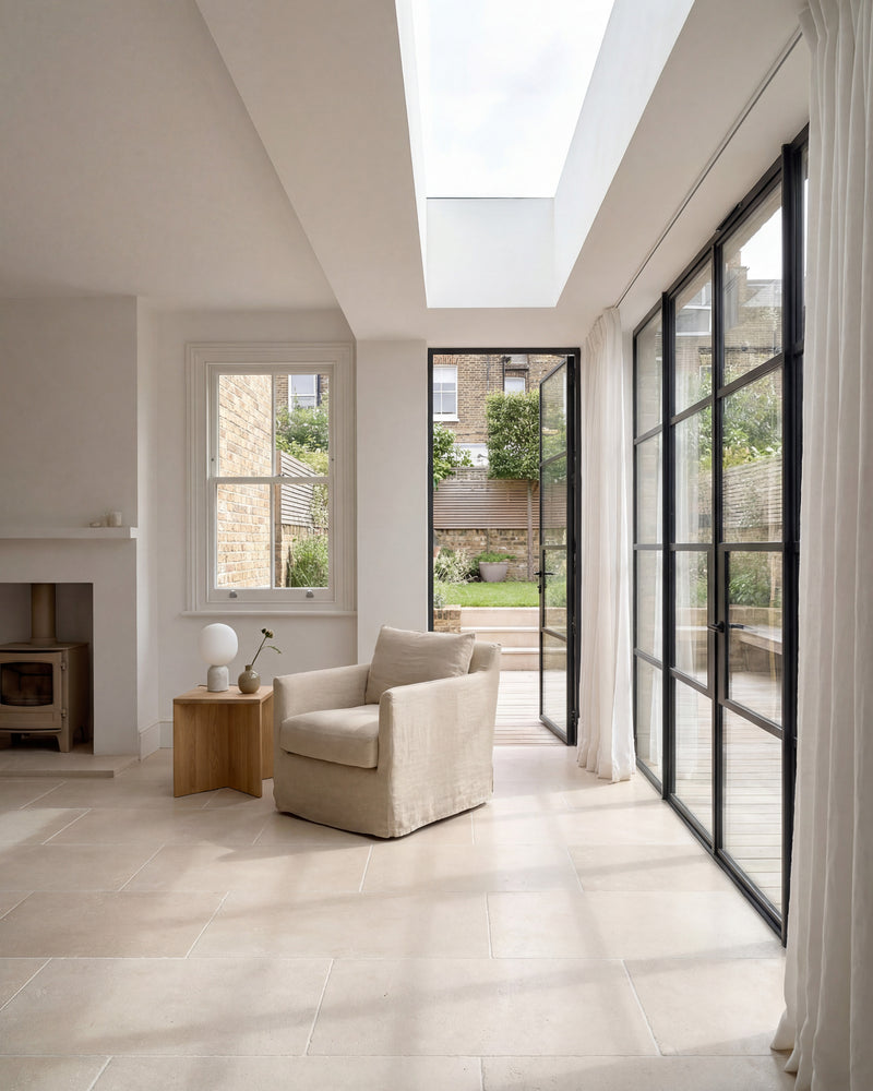 Bergamo Limestone Lightly Seasoned Finish 60 x Random flagstones in a bright living room extension with Crittall doors onto a garden