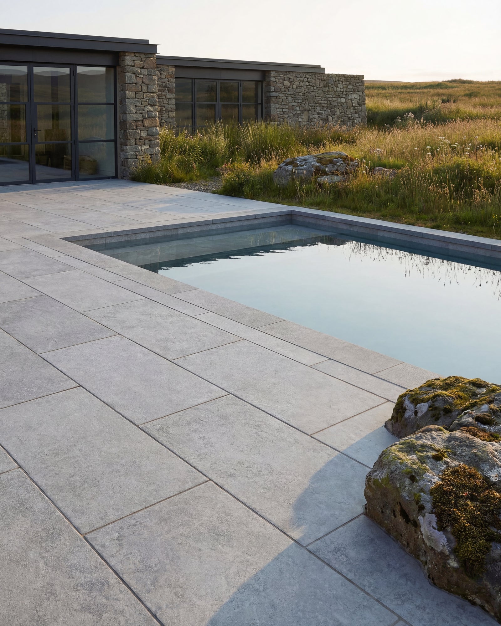 Brit Stone Pennant Porcelain Paving around an outdoor pool at a contemporary stone and glass house, with moorland grasses and mossy boulders beyond