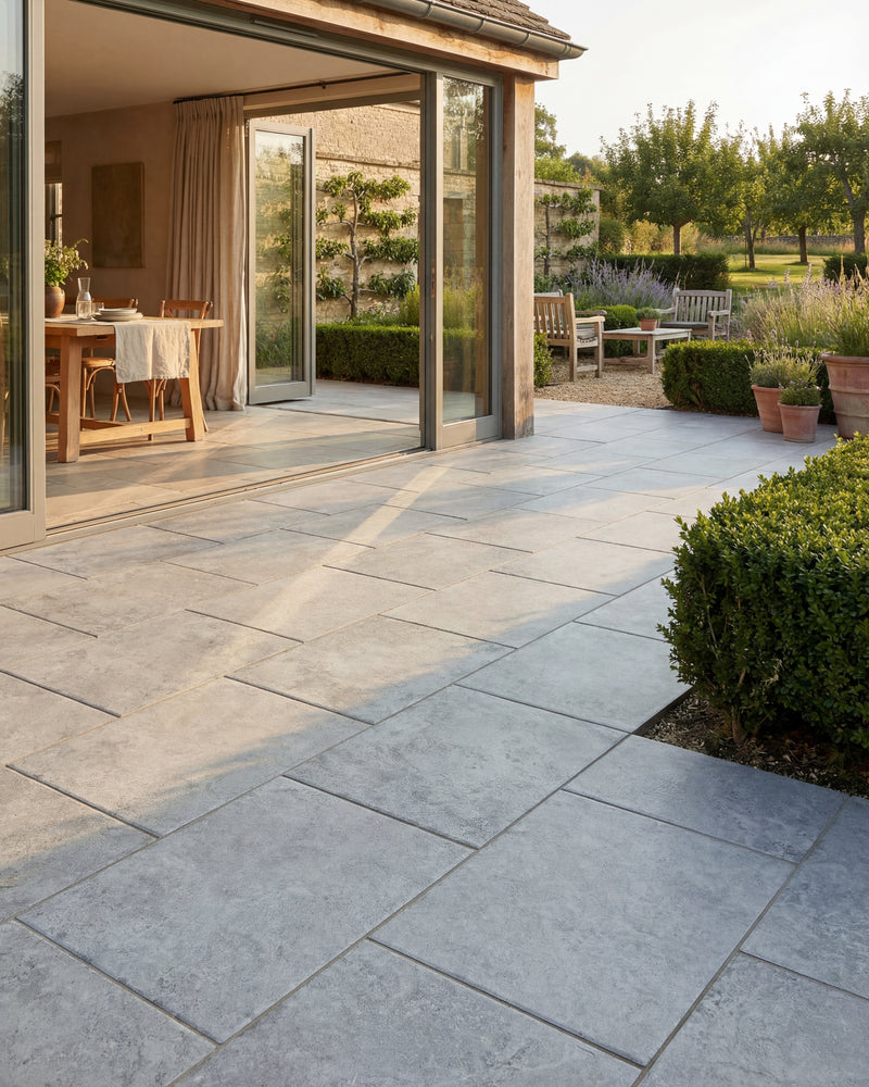 Brit Stone Pennant Porcelain Paving on a terrace running out from a dining room through open sliding doors, with clipped box, lavender and an espaliered walled garden