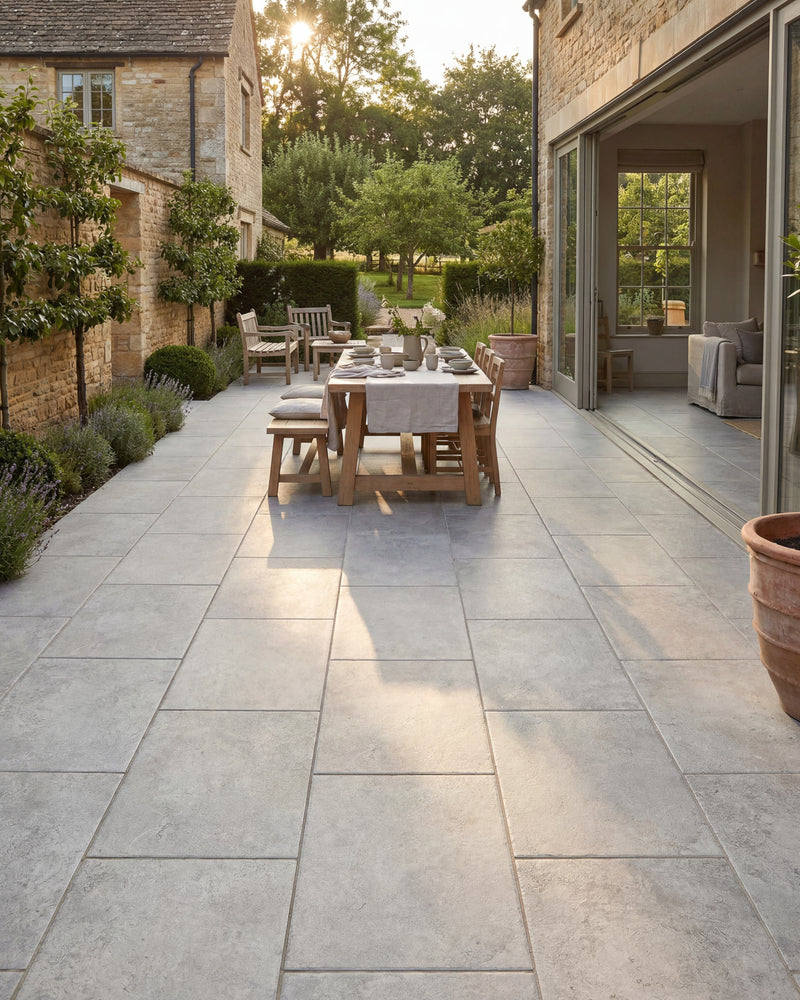 Brit Stone Pennant Porcelain Paving across a narrow courtyard between Cotswold stone buildings, with a laid oak dining table in low evening sun