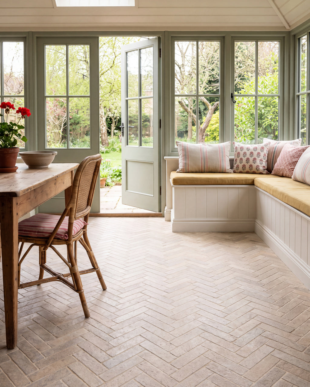 Buscot Porcelain Parquet Textured laid in herringbone across a garden room with sage green glazed doors, a built-in window seat and a scrubbed pine table