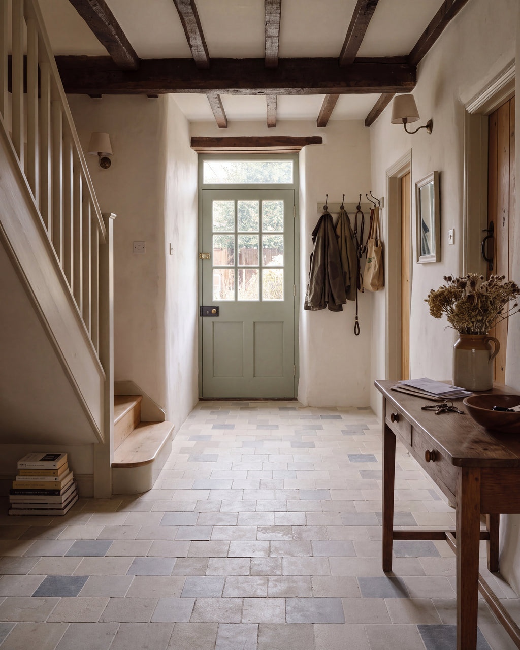 Castilan Limestone Cobbles Tumbled running the length of a beamed cottage hallway to a sage green back door, with a stone stair and an oak console table