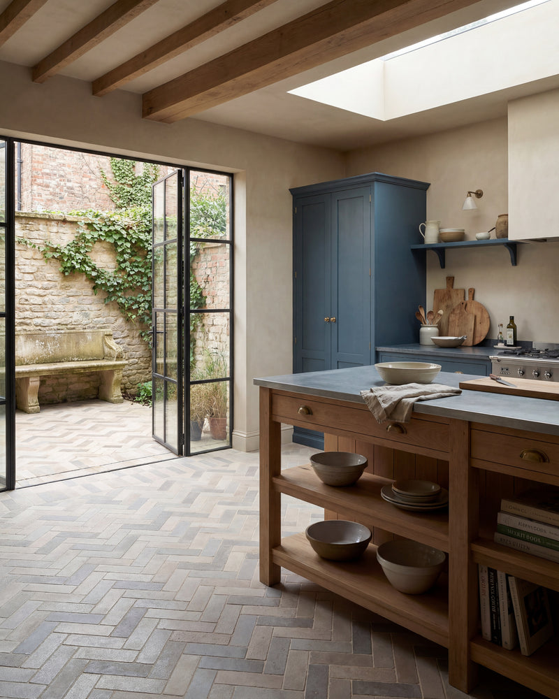 Castilan Limestone Parquet Tumbled in herringbone running from a beamed kitchen with a blue dresser out through Crittall doors to the courtyard beyond