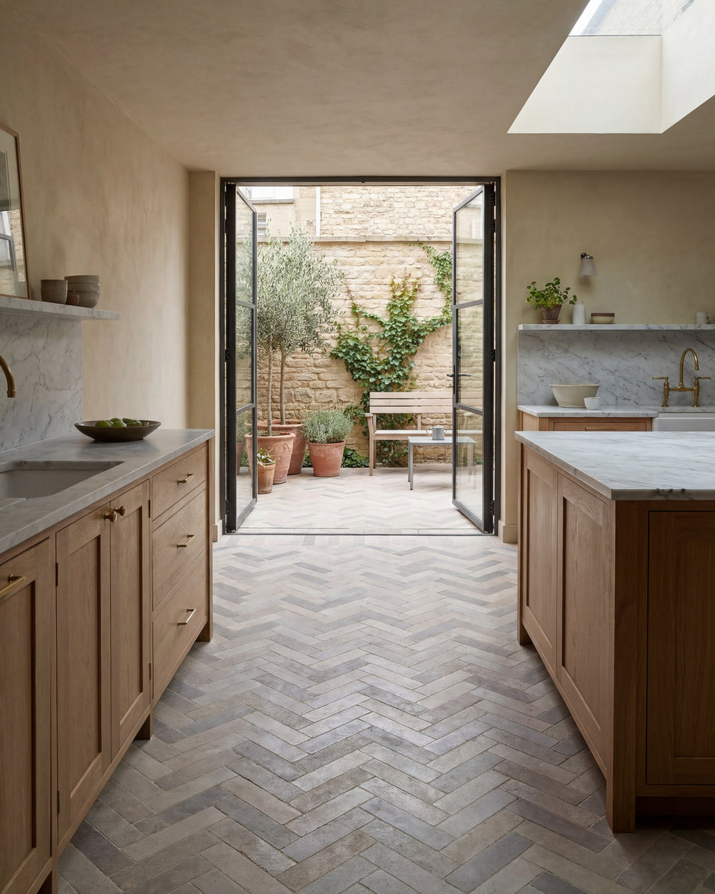 Castilan Limestone Parquet Tumbled in herringbone down an oak galley kitchen with marble worktops, opening onto a courtyard of olive trees in terracotta pots