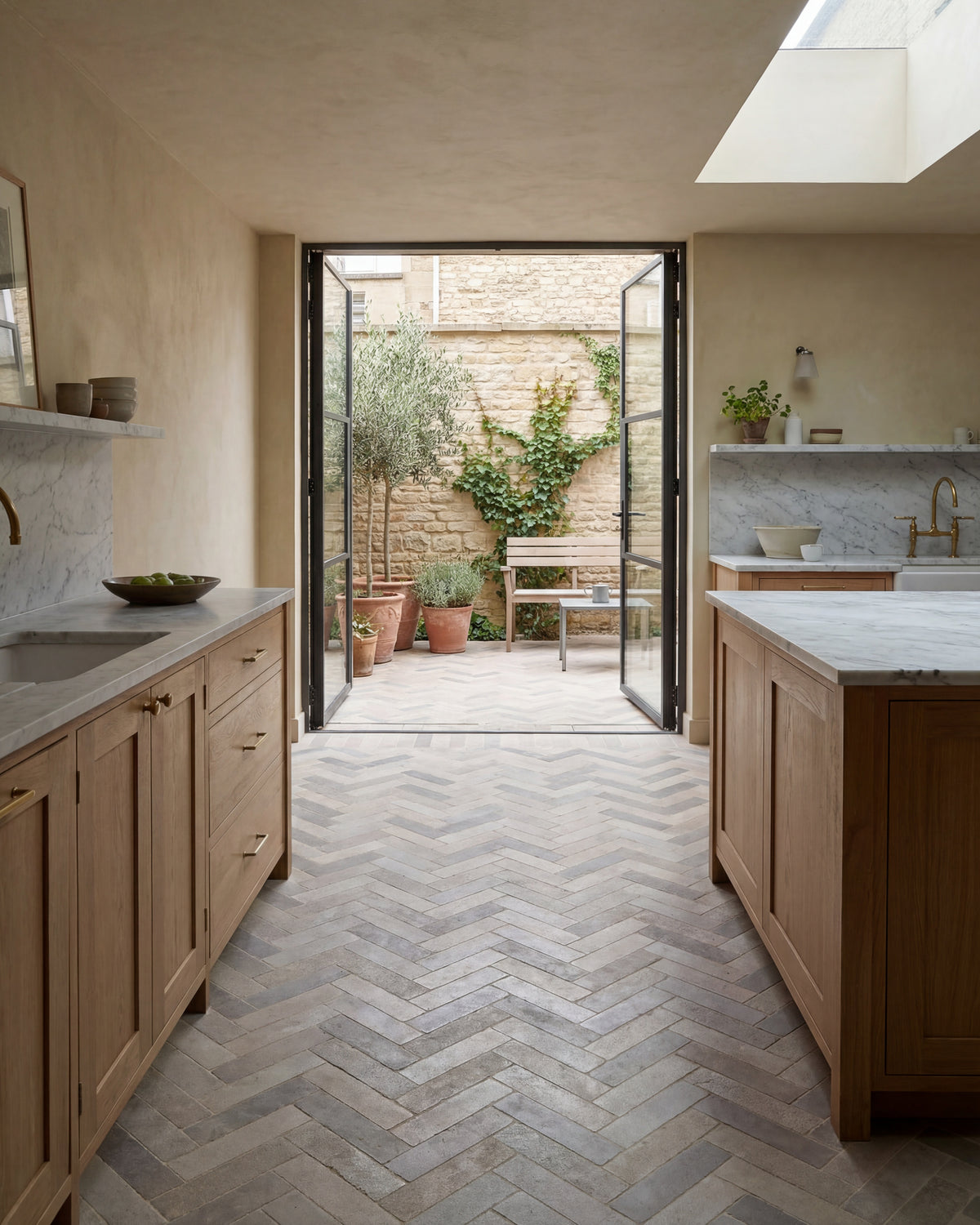 Castilan Limestone Parquet Tumbled in herringbone down an oak galley kitchen with marble worktops, opening onto a courtyard of olive trees in terracotta pots