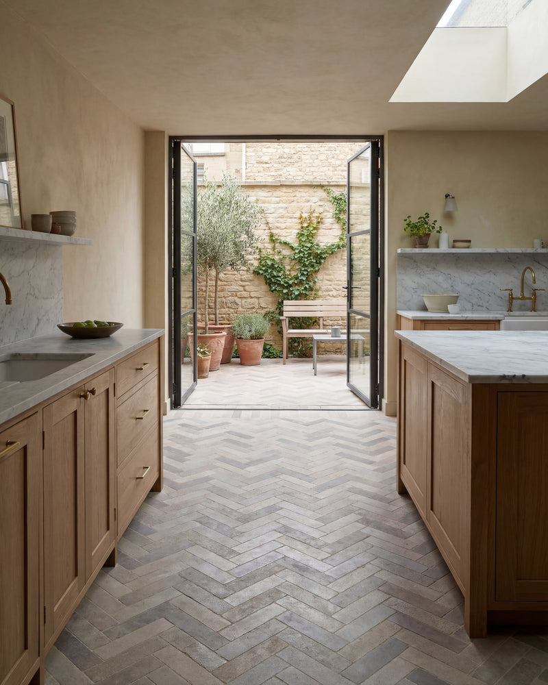 Castilan Limestone Parquet Tumbled in herringbone down an oak galley kitchen with marble worktops, opening onto a courtyard of olive trees in terracotta pots