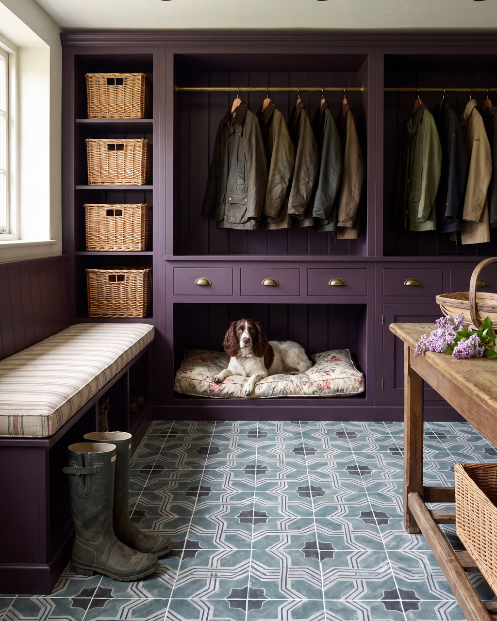 Cuba Porcelain Iberia across a boot room floor, its blue and charcoal star pattern set against deep aubergine joinery, wicker baskets, hanging wax jackets and a springer spaniel on a floral cushion