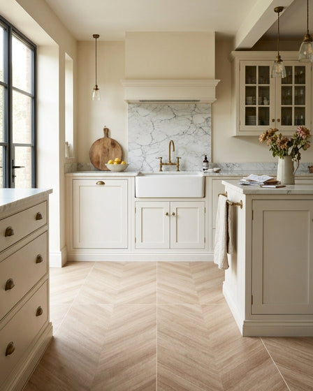 Davos Chevron Porcelain Matt laid across the floor of a cream shaker kitchen with a marble splashback, a butler sink with brass taps and black steel windows