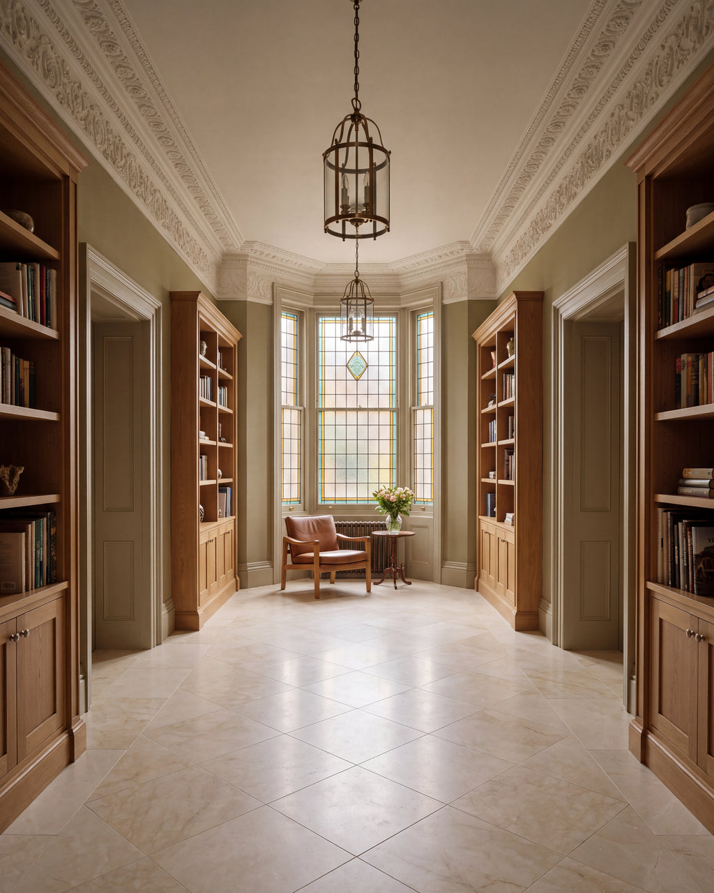 Folio Marble Honed Finish in 60x60 laid on the diagonal down a book-lined hall, with a stained glass bay window, ornate plaster cornice and hanging lanterns