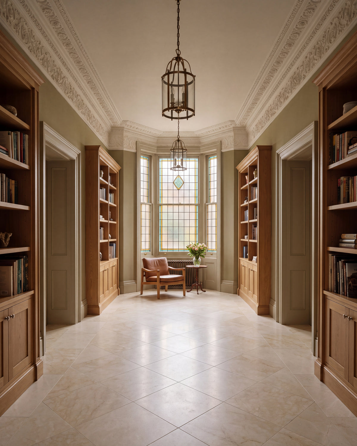 Folio Marble Honed Finish in 60x60 laid on the diagonal down a book-lined hall, with a stained glass bay window, ornate plaster cornice and hanging lanterns
