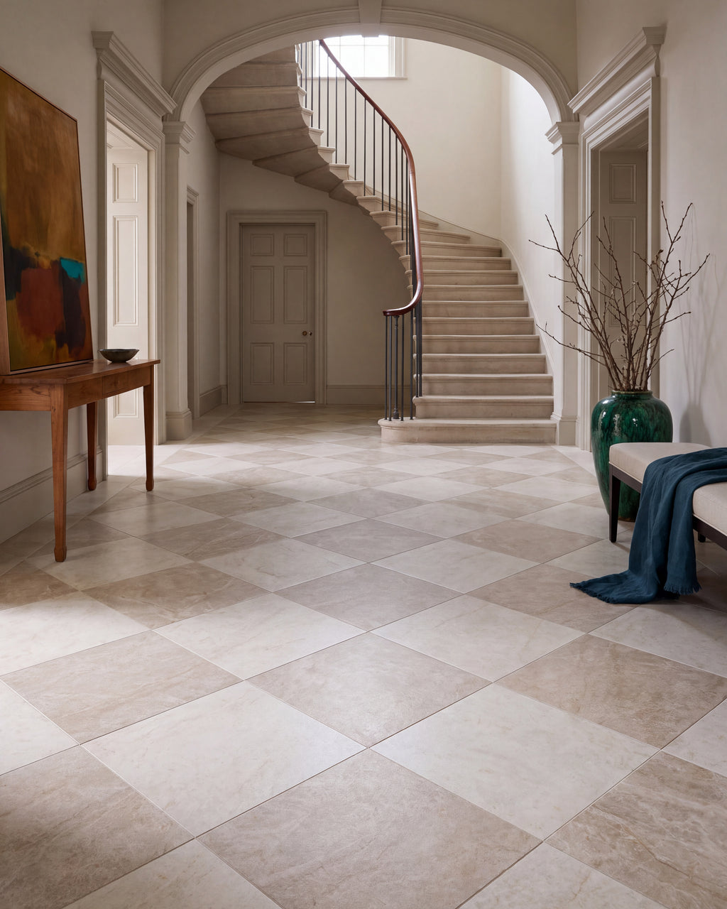Hoxton Porcelain Amber Matt and Hoxton Porcelain Linen Matt in a diagonal chequerboard across a hallway floor, beneath a stone arch and a curved staircase