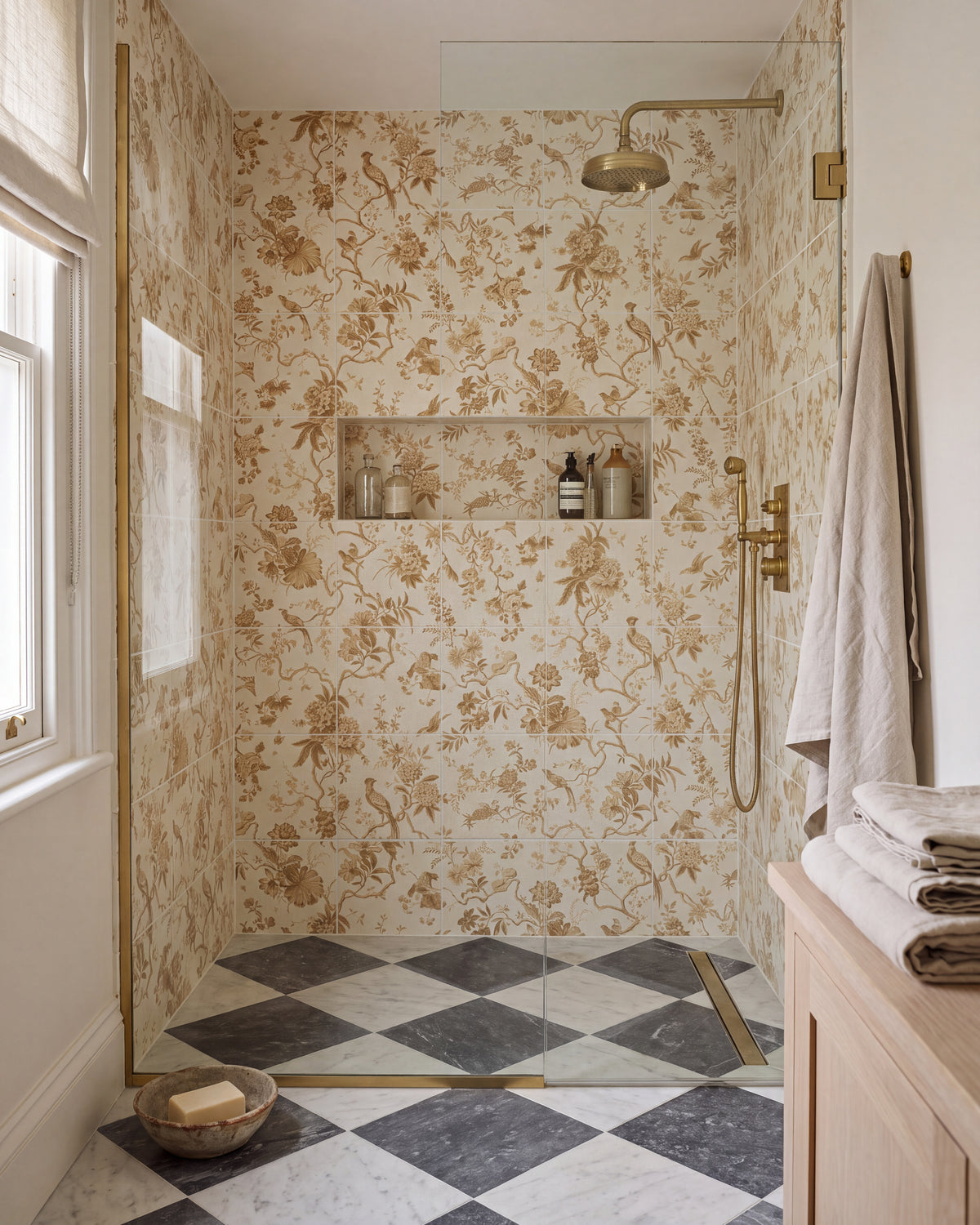 Kendal Marble Tumbled Finish chequerboard floor running through a walk-in shower with toile patterned wall tiles and brass fittings