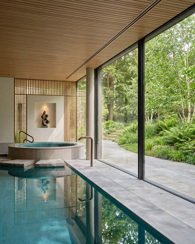 Kimmeridge Limestone Paving Etched Finish running from an indoor pool and hot tub, out through full-height glazing onto the woodland garden terrace beyond