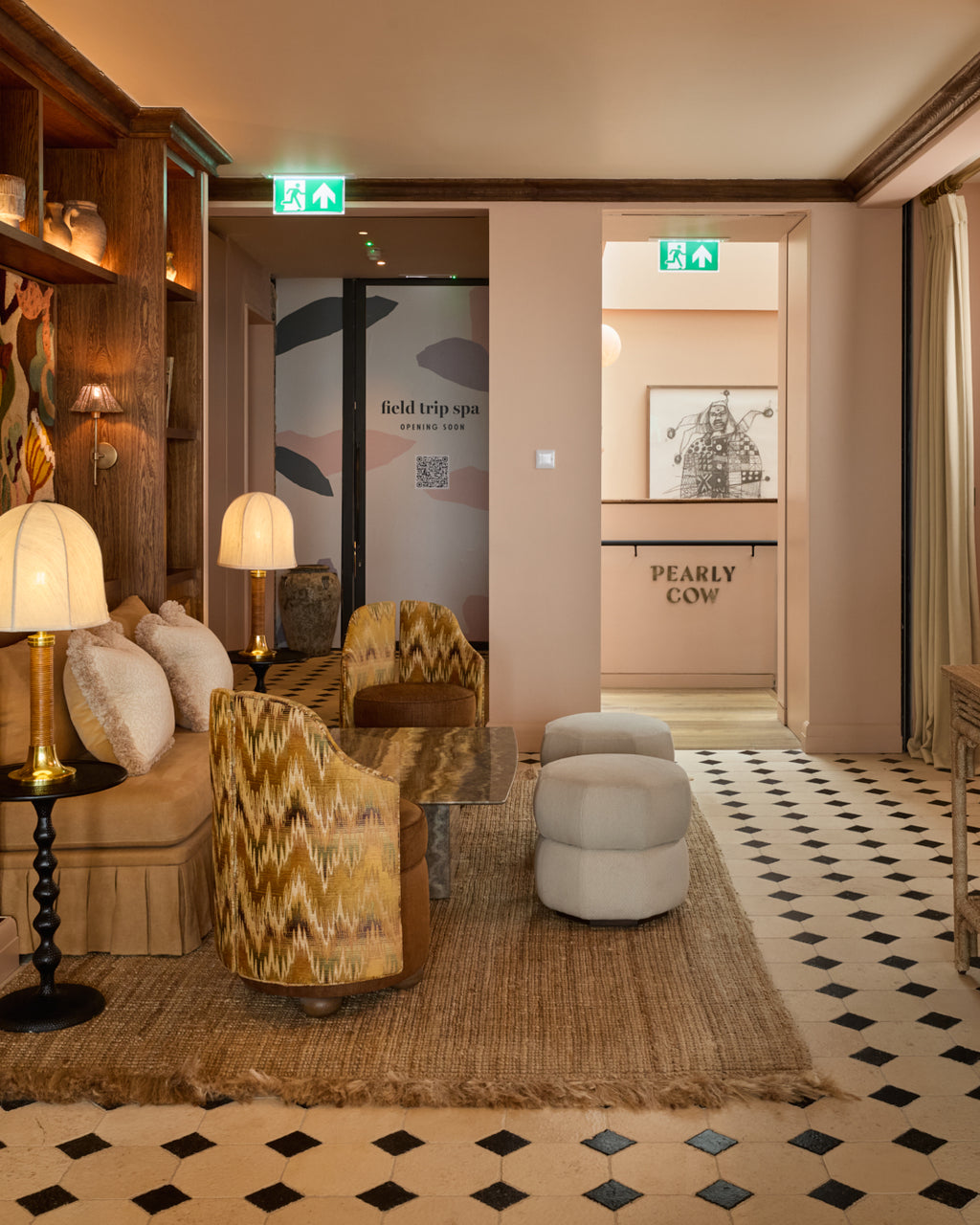 Limoges Limestone Vintaged Finish octagon floor running the length of a hotel lounge towards the Pearly Cow restaurant