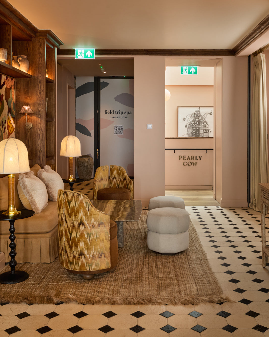 Limoges Limestone Vintaged Finish octagon floor running the length of a hotel lounge towards the Pearly Cow restaurant