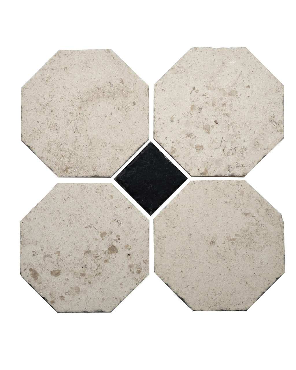 Four Limoges Limestone Vintaged Finish octagons set around a Tora Blue Limestone Vintaged Cabochon on a plain white background